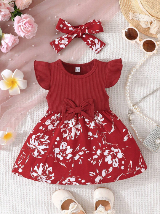 Baby Floral Print Ruffle Trim Bow Front Dress With Headband