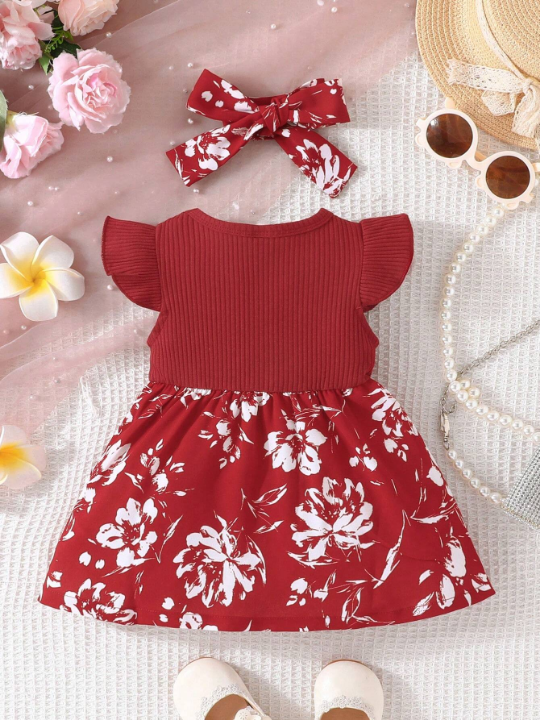 Baby Floral Print Ruffle Trim Bow Front Dress With Headband