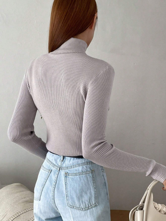 DAZY Solid High Neck Ribbed Knit Sweater