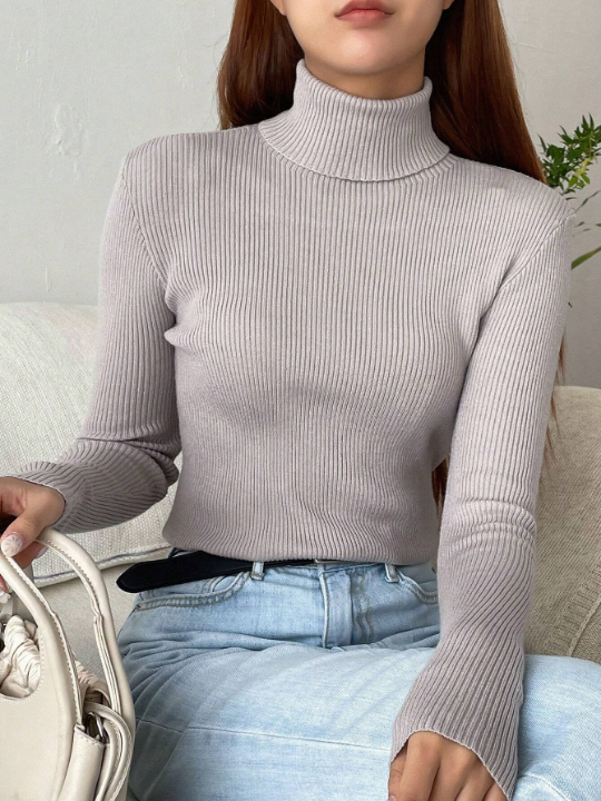 DAZY Solid High Neck Ribbed Knit Sweater