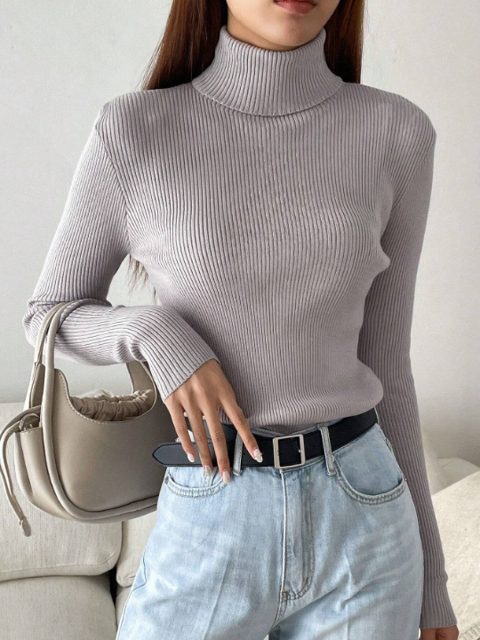 DAZY Solid High Neck Ribbed Knit Sweater