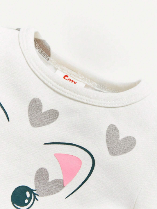 Cozy Cub Baby Girl Snug Fit Pajamas Two Piece Set: Heart/ Cartoon Print Round Neck Top & Pants With Ruffle Trim