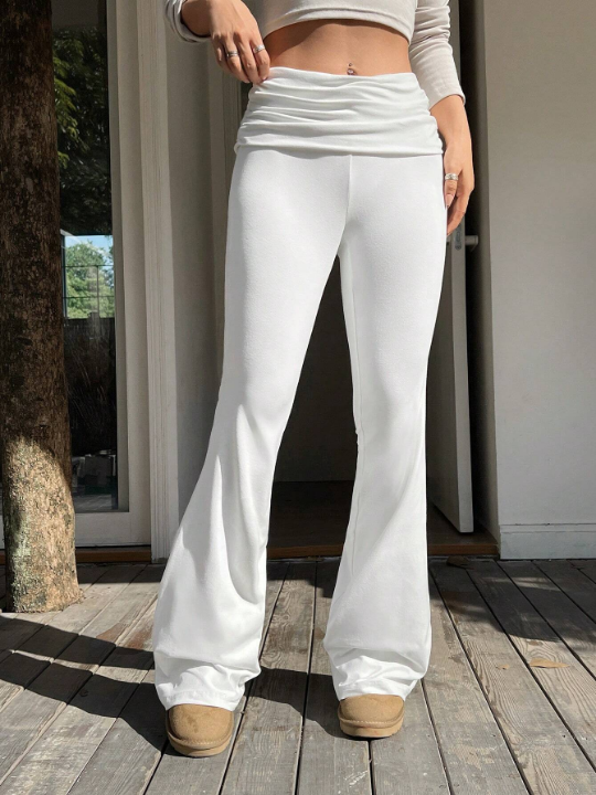 EZwear Spring White Y2k Solid Ruched Flare Leg Pants Flare Leggings