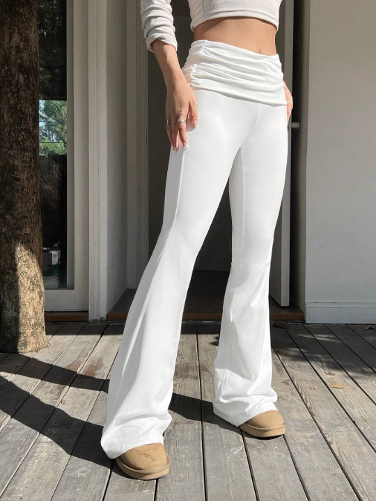 EZwear Spring White Y2k Solid Ruched Flare Leg Pants Flare Leggings