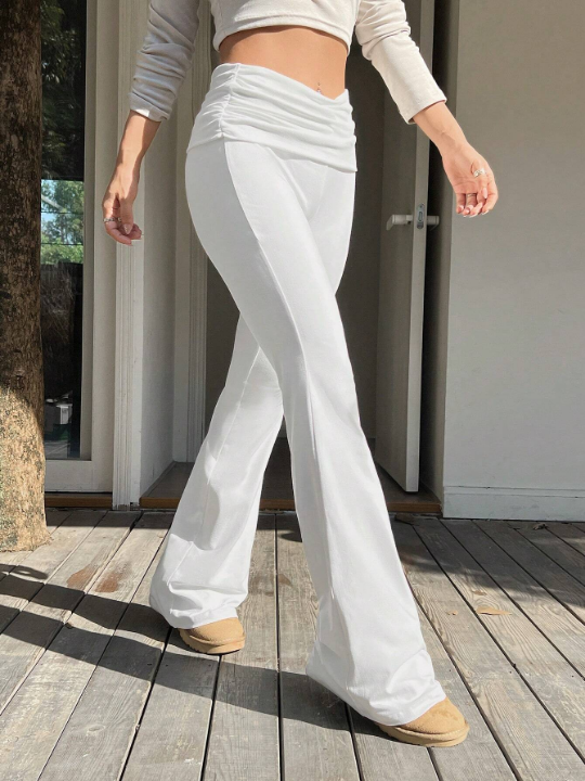 EZwear Spring White Y2k Solid Ruched Flare Leg Pants Flare Leggings