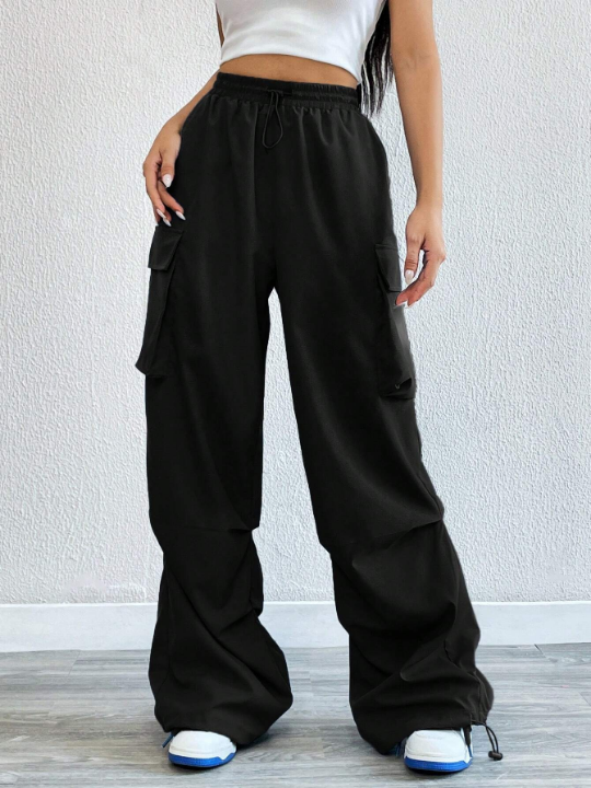 Coolane Flap Pocket Side Drawstring Waist Cargo Black Pants