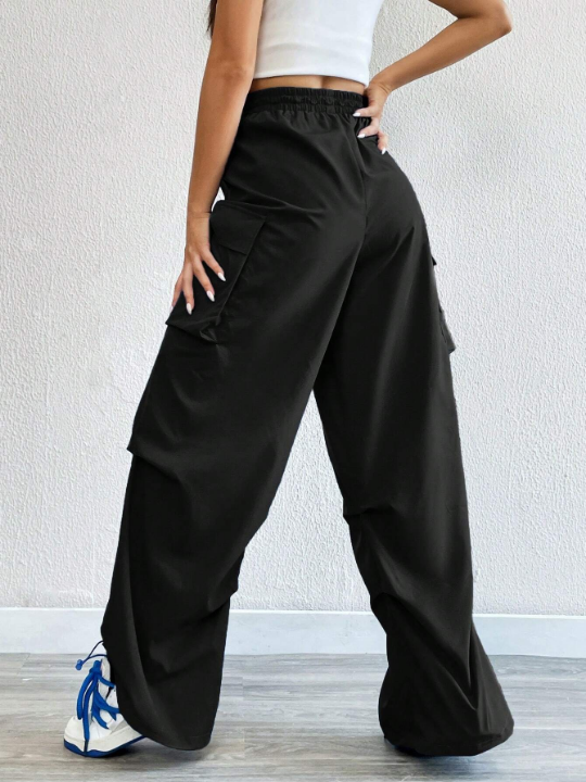 Coolane Flap Pocket Side Drawstring Waist Cargo Black Pants