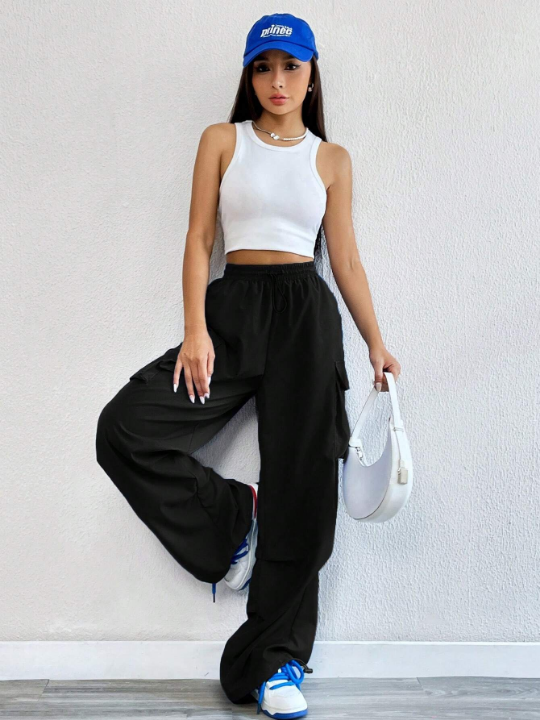 Coolane Flap Pocket Side Drawstring Waist Cargo Black Pants