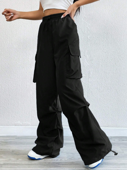 Coolane Flap Pocket Side Drawstring Waist Cargo Black Pants