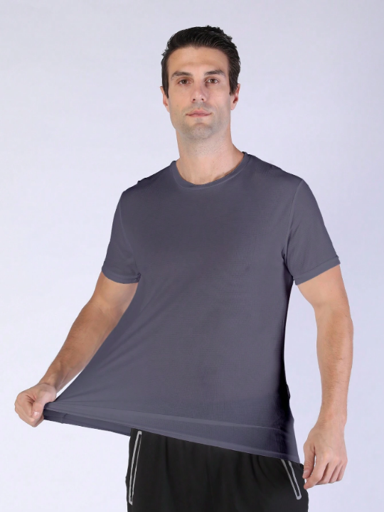 5PCS Gray Men's Solid Color Ultralight Quick Dry Sport T-Shirt, Breathable Lightweight Top For Fitness Gym Clothes Men Basic T Shirt