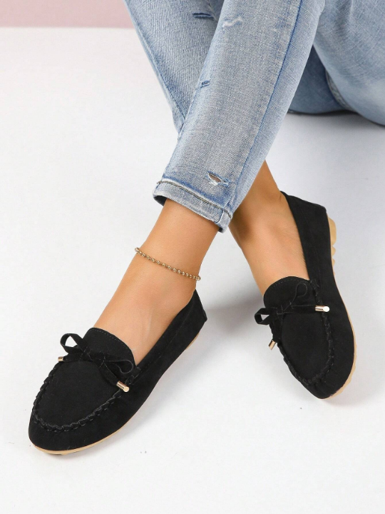 Women's Flat Single Shoes, Spring Korean Version Suede Loafers With Round Buckle Design, Large Size Casual Shoes For Pregnant Women