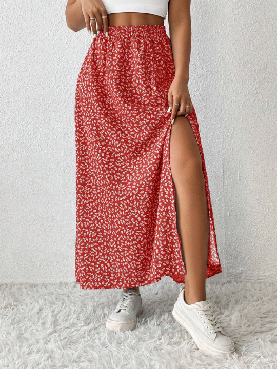 PETITE Ditsy Floral Print Split Thigh Skirt