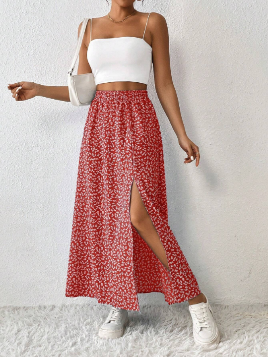 PETITE Ditsy Floral Print Split Thigh Skirt