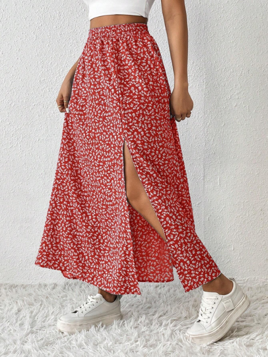 PETITE Ditsy Floral Print Split Thigh Skirt