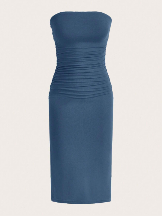 EZwear Solid Ruched Tube Bodycon Dress