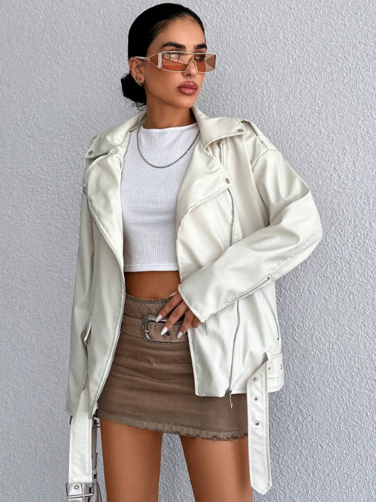 Zip Up Belted PU Leather Moto Jacket