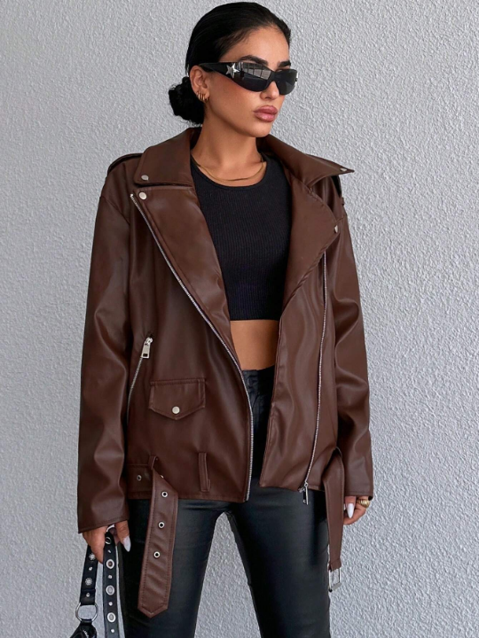 Zip Up Belted PU Leather Moto Jacket