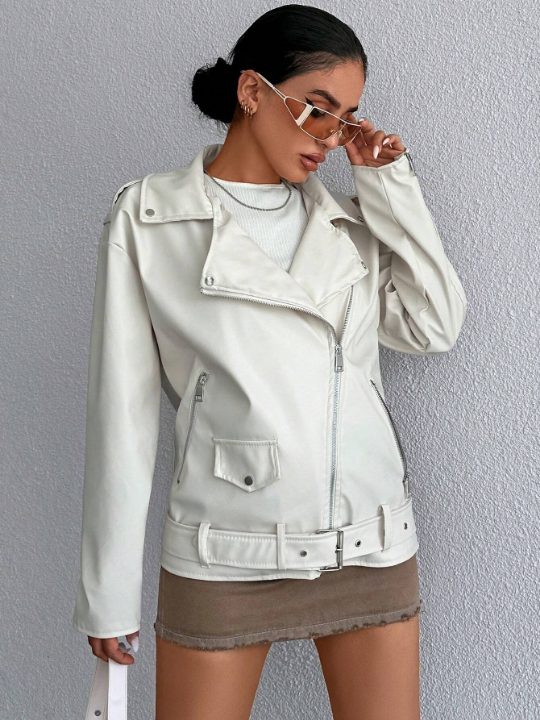 Zip Up Belted PU Leather Moto Jacket