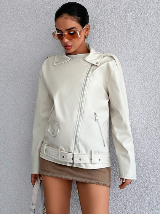 Zip Up Belted PU Leather Moto Jacket