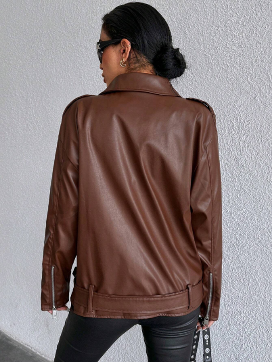 Zip Up Belted PU Leather Moto Jacket