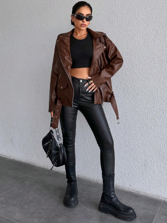 Zip Up Belted PU Leather Moto Jacket