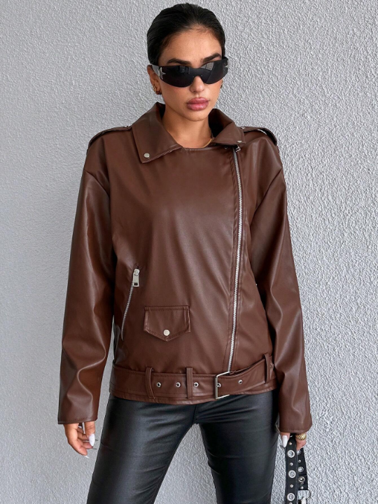 Zip Up Belted PU Leather Moto Jacket