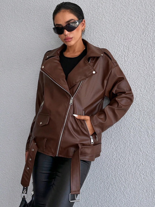 Zip Up Belted PU Leather Moto Jacket