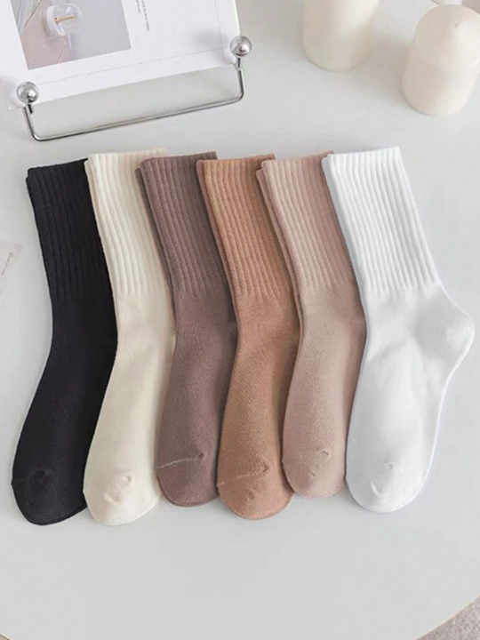 6pairs/pack Women's Pile Heap Socks, Autumn Winter Solid Color Mid-tube Socks, Casual Sports Trendy Socks