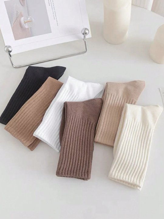 6pairs/pack Women's Pile Heap Socks, Autumn Winter Solid Color Mid-tube Socks, Casual Sports Trendy Socks