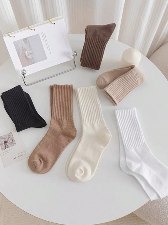 6pairs/pack Women's Pile Heap Socks, Autumn Winter Solid Color Mid-tube Socks, Casual Sports Trendy Socks