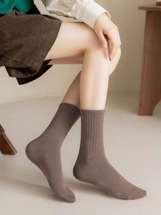 6pairs/pack Women's Pile Heap Socks, Autumn Winter Solid Color Mid-tube Socks, Casual Sports Trendy Socks