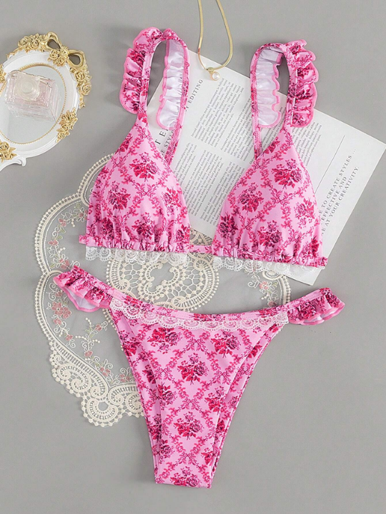 Swim Mod Ditsy Floral Print Ruffle Trim Triangle Bikini Swimsuit