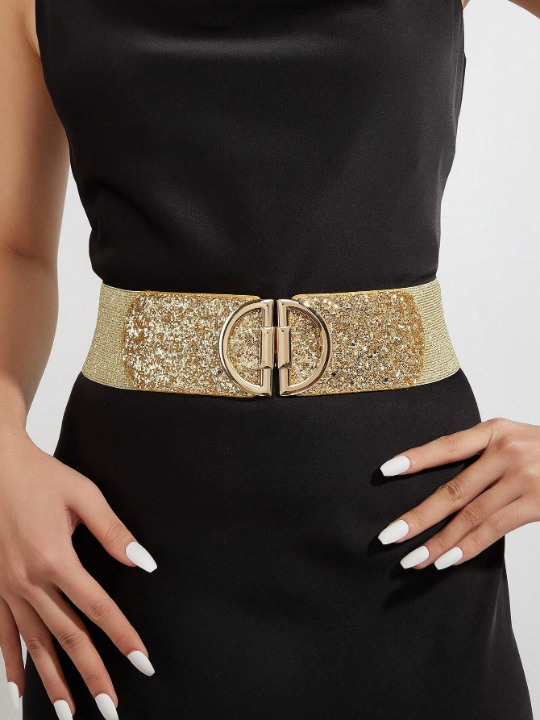 1pc Women's Gold D Buckle Sparkly Face-To-Face Pu Dress Decoration With Elastic Waistband, Suitable For Daily Parties Party