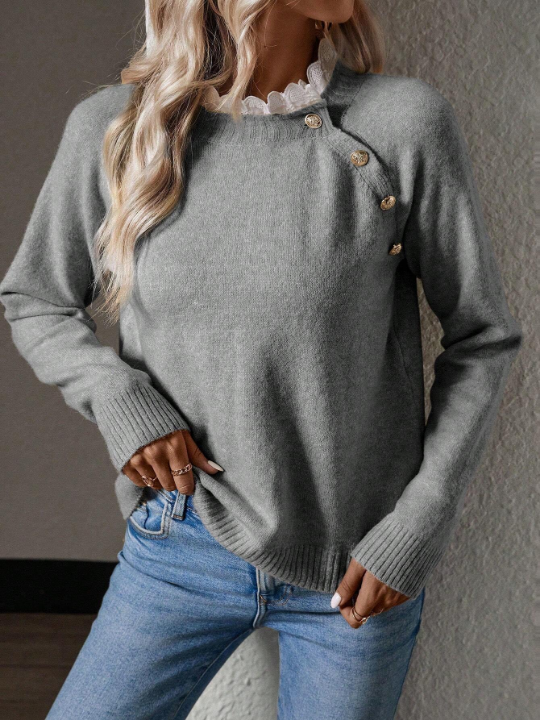 Priv Button Detail Lace Trim Sweater