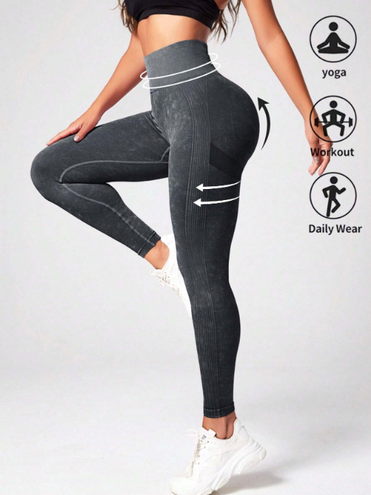 Yoga Basic Acid Wash Yoga Tights Seamless High Stretch Tummy Control Gym Leggings