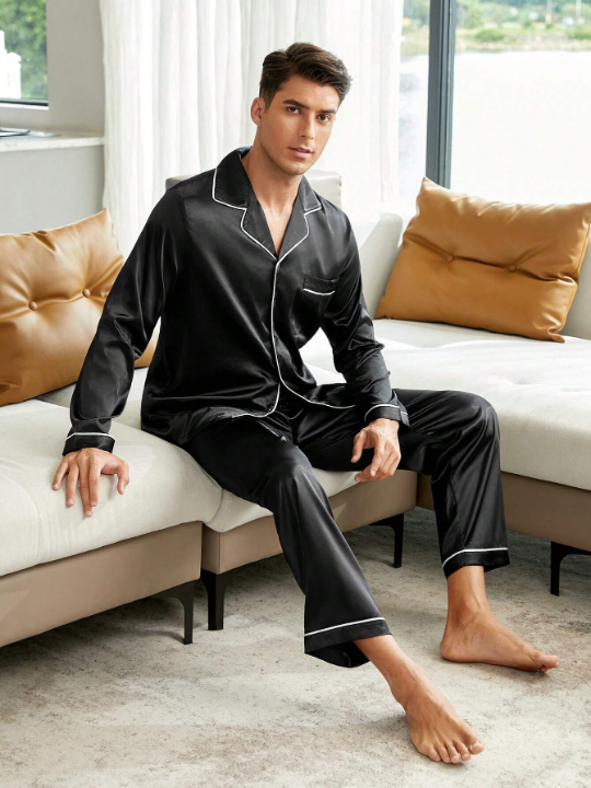 Men Contrast Piping Satin PJ Set