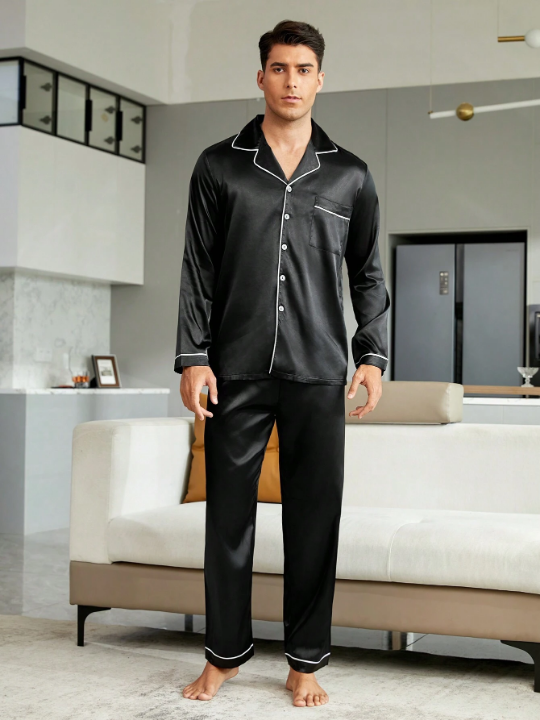 Men Contrast Piping Satin PJ Set