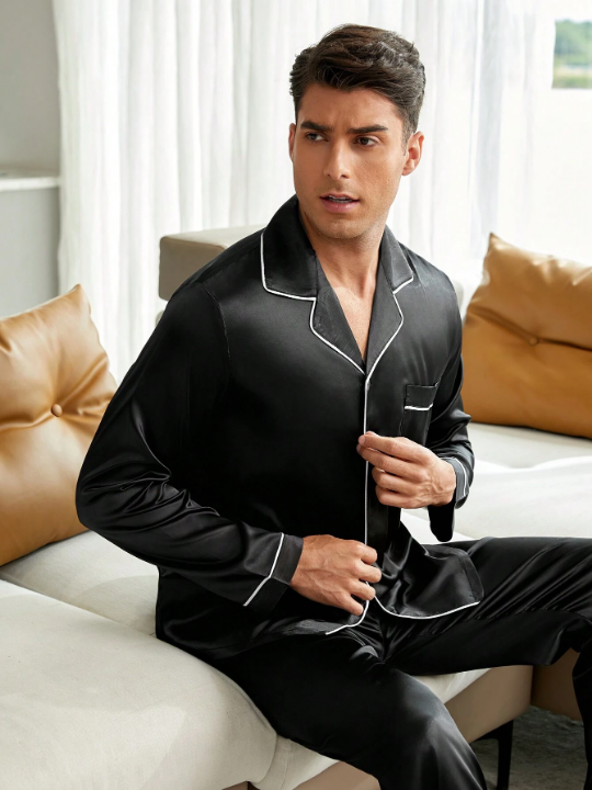 Men Contrast Piping Satin PJ Set