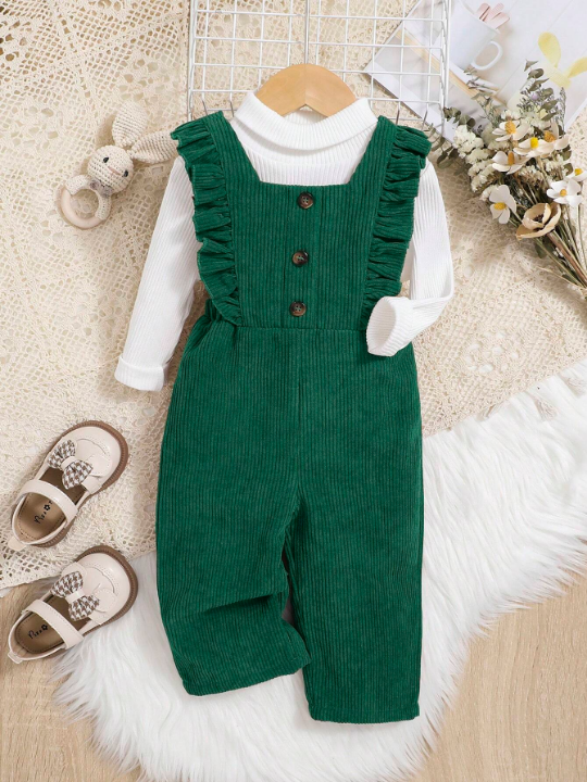 Baby Girl Ruffle Trim Overall Jumpsuit Without Sweater