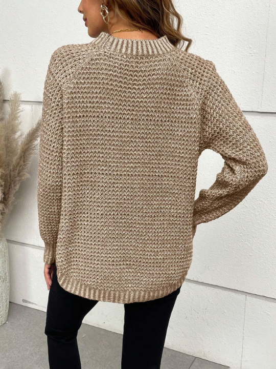 Marled Knit Raglan Sleeve Curved Hem Sweater