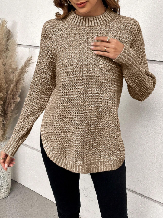 Marled Knit Raglan Sleeve Curved Hem Sweater