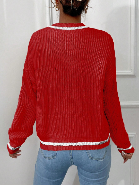 Striped Trim Drop Shoulder Cricket Sweater