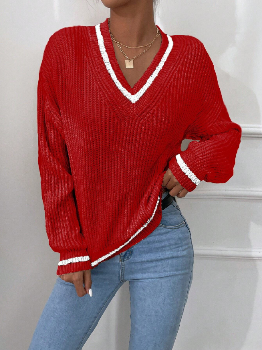 Striped Trim Drop Shoulder Cricket Sweater