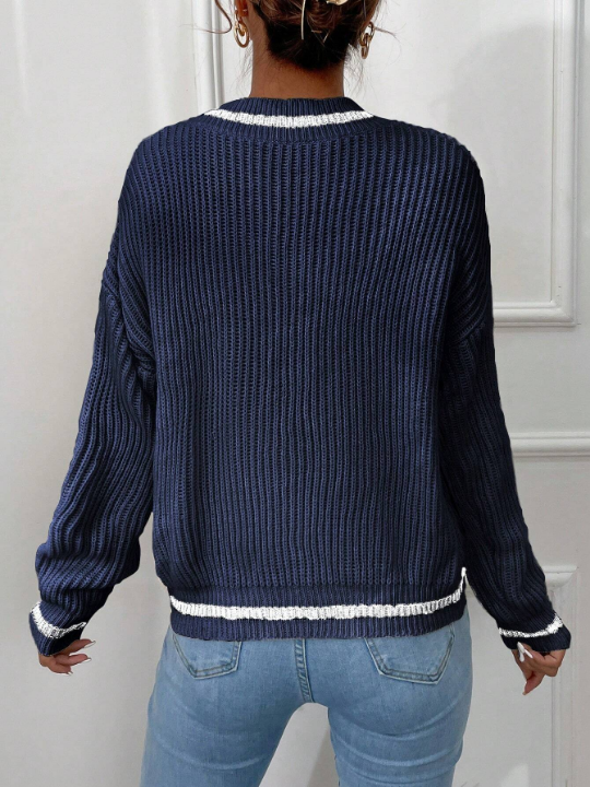 Striped Trim Drop Shoulder Cricket Sweater