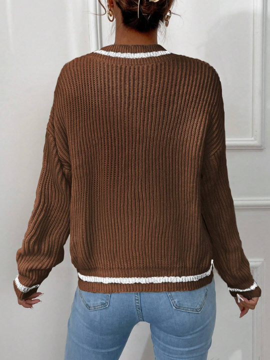 Striped Trim Drop Shoulder Cricket Sweater