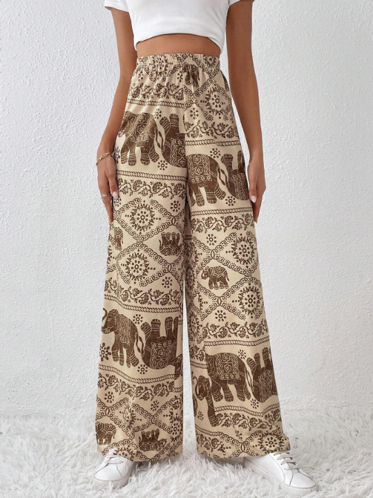 Frenchy Elephant Print Wide Leg Pants