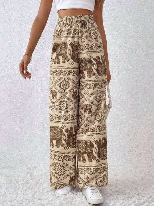 Frenchy Elephant Print Wide Leg Pants