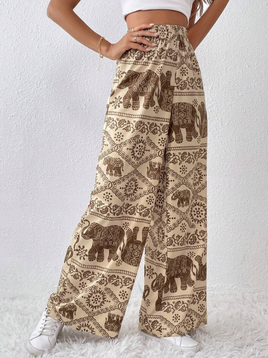 Frenchy Elephant Print Wide Leg Pants