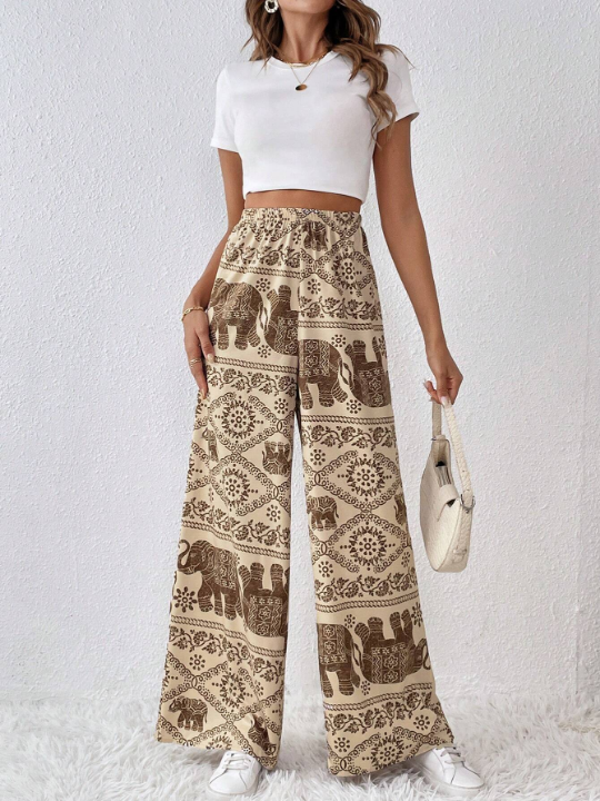 Frenchy Elephant Print Wide Leg Pants