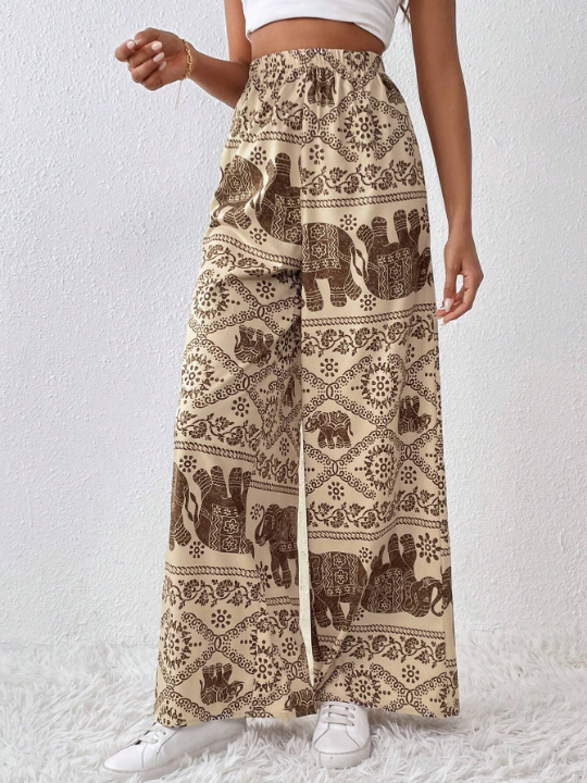 Frenchy Elephant Print Wide Leg Pants